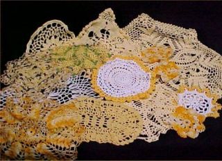 17 Vintage Antique Hand Crocheted Doily Tablecloth All Yellow Gold Shades Craft