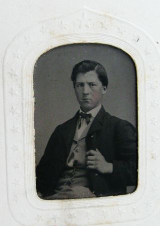 Antique Tintype Photo Handsome Dapper Young Man In Patriotic Shield Stars Frame
