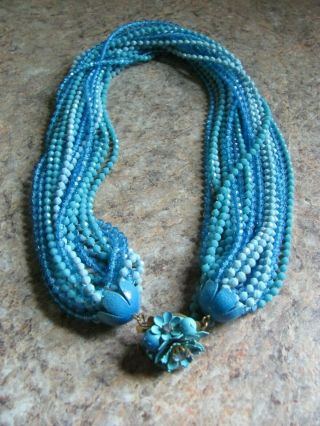 Vintage Antique Womens Blue Bead Multi Strand Necklace Estate