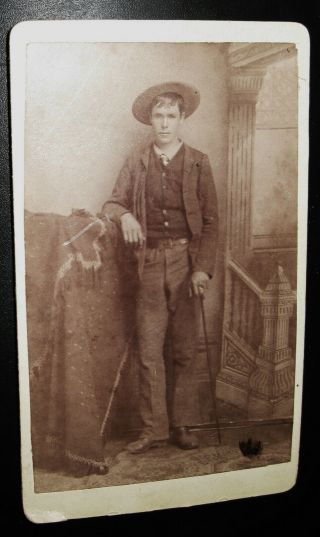 Antique Cdv Photo Handsome Dapper Young Man Wearing A Cowboy Hat & Holding Cane