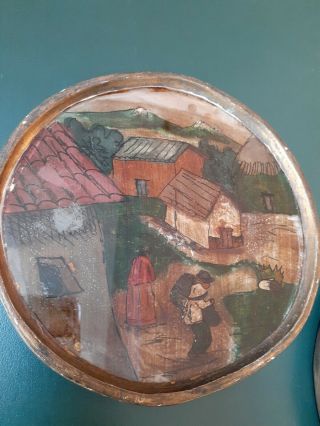 Vintage Round Reverse Painting On Glass molded Frame on wood Central American? 3