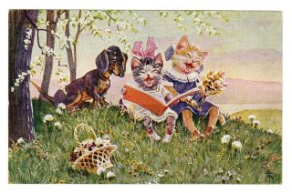 Postcard Thiele Cats & Dachshund With Book Rare Card G.  D.  L.  Series 284/4