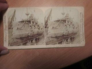 1898 The Battleship " Texas " - In Dry Dock - Antique Stereoview