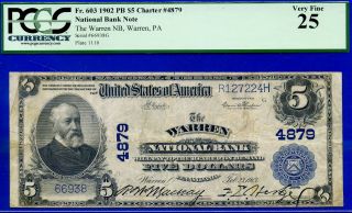 Rare 1902 $5 National Currency - Pcgs Vf - 25 - ( (warren National Bank))  4879.