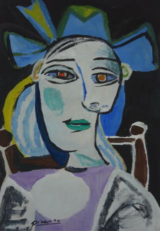 Classic Cubist Gouache Painitng W,  Signed Pablo Picasso,  Rare Uniqe Artwork