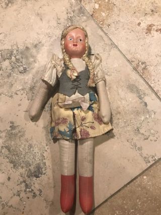 Vintage Polish Cloth Folk Doll With Composition Head 11” Tall