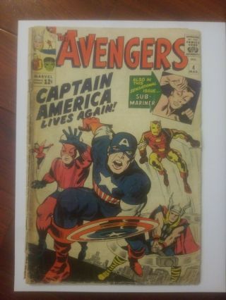Avengers Comic Book Marvel 4 Captain America 1st Apperance 1964 Bucky Rare