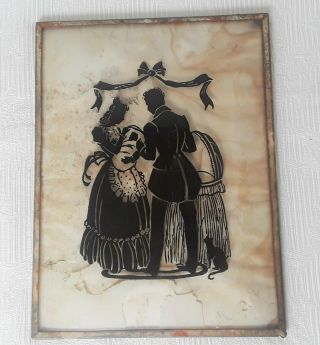 Vintage Reverse Painted Convex Glass Silhouette Picture Couple Baby And Bassinet