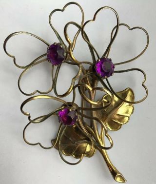 Vintage Antique Fur Pin / Clip Art Nouveau Large 4” Flower W/purple Rhinestones