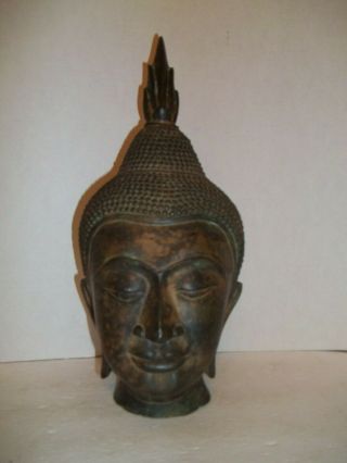 Rare Bronze Tone Metal Buddah Head Bust Figurine Zen Asian 14.  5 " H 5 Sculpture