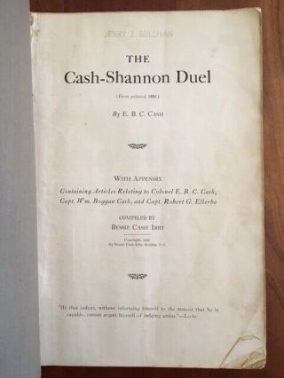 Rare 1930 The Cash - Shannon Duel,  South Carolina Civil War,  Ellerbe Camden Cheraw