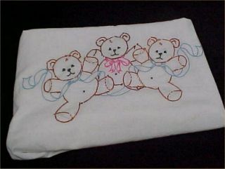 Vintage Antique Doll Baby Flat Sheet Embroidered Crib Teddy Bears 1940s Era