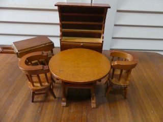 Vintage Wooden Doll House Furniture Dining Room Table Chairs Tea Cart & Cabinet