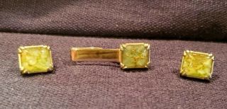Vintage Goldtone W/green & Gold Agate Stone Cufflinks & Tie Clip/bar Set