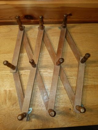 Vintage Wood Expandable Folding 10 Peg Wall Hanger Coat Rack Accordian
