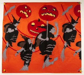 Ca.  1928 Rare Halloween Crepe,  Witches On Brooms Holding Jack - O - Lanterns