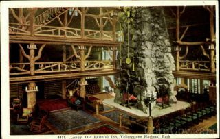 Yellowstone National Park Old Faithful Inn Lobby Antique Postcard Vintage