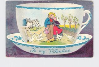 Antique Postcard Valentine Dutch Boy And Girl Kiss Surrounded By Geese Delft Tea