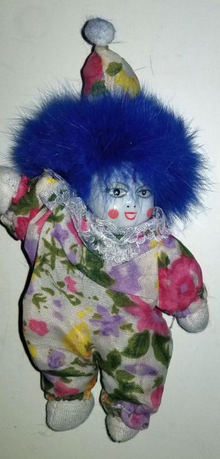 Vintage Clown Doll Porcelain Head Clown Blue Hair,  Painted Face Bean Bag Body