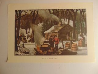 Vintage Currier And Ives Calendar Page Lithograph Reprint Maple Sugaring