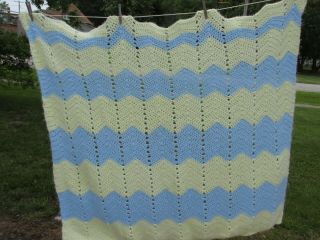 Vintage Blue Yellow Chevron Stripe Crochet Knit Afghan Throw Zig Zag Blanket