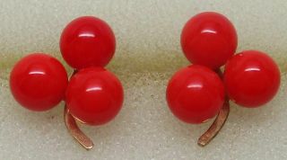 Antique Solid 14k Yellow Gold Art Deco Red Coral Shamrock Clover Earrings - Rare