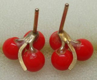 Antique SOLID 14K YELLOW GOLD Art Deco RED CORAL Shamrock Clover Earrings - RARE 3