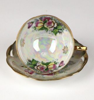 Vintage Sonsco Japan 3 Footed Tea Cup & Saucer Opalescent Lusterware Gold