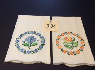 2 Hand Towels 19” X 14 Hand Embroidered Very Charming