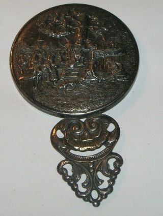 Vintage Ornate Detail Scenery Silver Plated Antique Hand Held Mirror