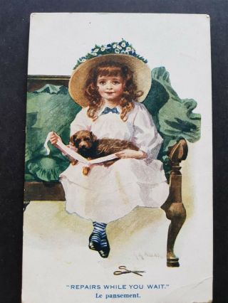 Vintage Antique Artist Signed Postcard Young Girl Dog 594 Nash Series 1919