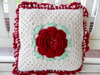 Vintage Hand Knit Crochet Throw Bed Couch Pillow Red Flower 12 " X 12 "