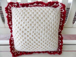 Vintage Hand Knit Crochet Throw Bed Couch Pillow Red Flower 12 