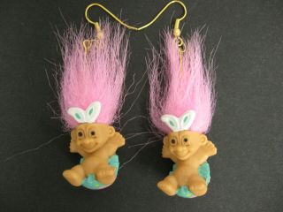 Vintage Russ Troll Pierced Earrings Pink Hair Troll Easter Bunny Troll Earrings