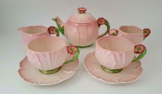 Rare Art Deco Carlton Ware Pink Buttercup Tea Set - Teapot Cup & Saucer C1930s