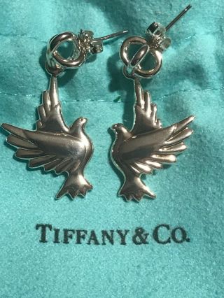 Tiffany & Co Paloma Picasso Dove Sterling Silver Dangle Drop Earrings Rare