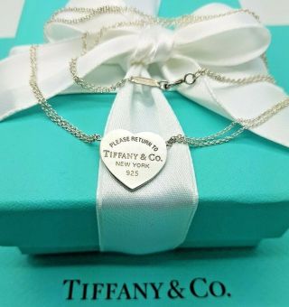 Return To Tiffany & Co Heart Necklace Pendant With Double Chain Rare