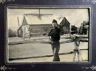 Rare 1/6 Plate Tintype - Klondike Gold Miner? Winter Scene & Two Room Log Cabin