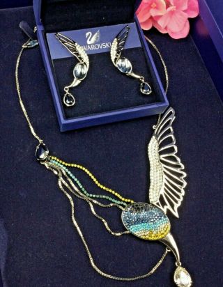 Authentic Signed Swarovski Bird Necklace Earrings Set Rare Collectable