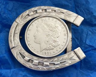 Vtg Rare Sterling Silver Horseshoe & 1921 U.  S.  Morgan Silver Dollar Belt Buckle