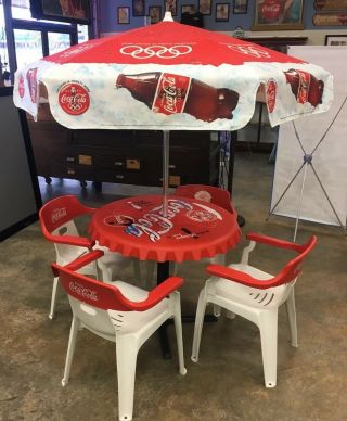 Rare Vtg 1996 Olympic Coca Cola Bottle Top Patio Table,  4 Chairs & Umbrella