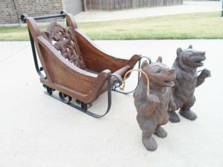 2 Rare Antique Vintage Hand Craved Wood Bears Pulling Wood And Metal Sleigh