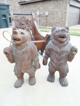 2 Rare Antique Vintage Hand Craved Wood Bears Pulling Wood and Metal Sleigh 2