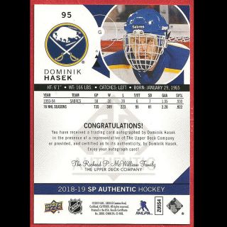 2018 - 19 SP AUTHENTIC LIMITED BLACK DOMINIK HASEK AUTO VERY RARE ONLY 5 COPIES 2