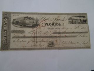 Rare 1836 Old Florida Union Bank Fl Tallahassee W/ 2 Vignettes Great Autographs