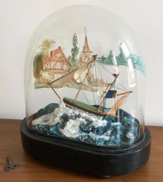 Rare Antique Wind Up Glass Domed Sailing Ship Boat Music Box With Moving Ship