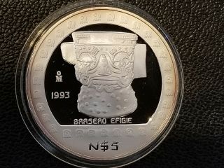1993 Mexico N$5 Pesos Brasero Efigie Silver Proof - Rare Type 3 - 500 Minted