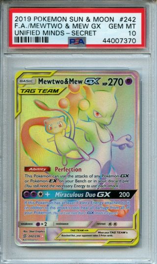 Pokemon Unified Minds Mewtwo & Mew Gx 242/236 Secret Rainbow Rare Psa 10 Gem