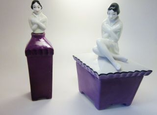 Rare Art Deco Bavarian Flapper Girl Lady Figural Perfume Bottle Powder Box Set