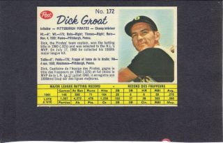 1962 Post Cereal Canadian 172 Dick Groat,  Rare,  Short Print,  Pittsburgh Pirates